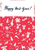 glad jul och Lycklig ny år kort med klotter och symboler vektor
