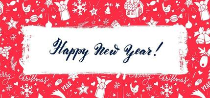 glad jul och Lycklig ny år hälsning kort med röd och vit bakgrund vektor