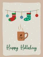 jul hälsning kort platt vektor i tecknad serie stil. jul strumpor och grannlåt och en kaffe kopp på snöig bakgrund. glad jul begrepp