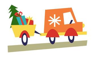 ein Orange LKW mit ein Anhänger ist Tragen ein Weihnachten Baum und Geschenke im ein Anhänger zum Weihnachten und Neu Jahr auf das Straße. isoliert Kinder- geometrisch Vektor Illustration zum ein Urlaub auf ein Weiß