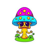 retro groovig trippy Pilz Charakter mit komisch Gesicht. Hippie Raum psychedelisch Pilz. Hippie funky UFO fliegen Agaric Pilz. Jahrgang Karikatur halluzinogen nostalgisch Amanita. modisch y2k Vektor