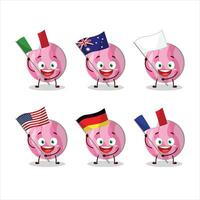 rosa godis tecknad serie karaktär föra de flaggor av olika länder vektor