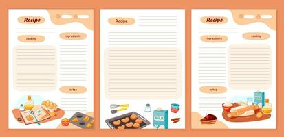 recept kort och måltid planerare. mall kokbok ark för recept, anteckningar på matlagning och Ingredienser. vektor tecknad serie illustration