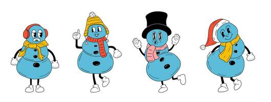 uppsättning av söt tecknad serie jul snowmen tecken. Lycklig och glad känslor. gammal animering 60s 70-talet, rolig tecknad serie tecken. trendig illustration i retro stil. vektor