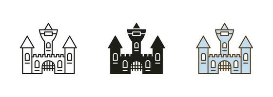 Vampir Dracula Schloss Linie und Silhouette Symbol Satz. unheimlich dunkel alt Gebäude zum Halloween Feier schwarz und Farbe Symbole. gotisch gespenstisch Haus Piktogramm. isoliert Vektor Illustration.