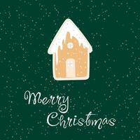 Weihnachten Karte mit Lebkuchen im das bilden von ein Haus auf ein dunkel Grün Hintergrund und Weiß Schneeflocken. vektor