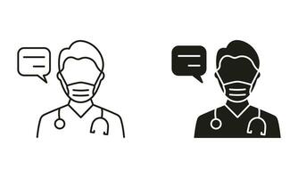 Gesundheitswesen Plaudern, Medizin Konversation Symbol Sammlung. Arzt reden Piktogramm. Arzt im Maske mit Rede Blase Beratung Konzept Linie und Silhouette Symbol Satz. isoliert Vektor Illustration.