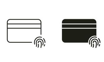 Anerkennung Karte mit Fingerabdruck Linie und Silhouette Symbol Satz. Identifizierung Technologie unterzeichnen. finanziell Identität durch Fingerabdruck Piktogramm. Plastik Karte mit Daumenabdruck. isoliert Vektor Illustration.