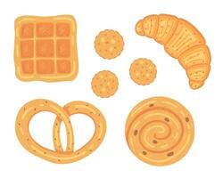 gebacken Waren Satz. Brezel, Croissant Wafer Kekse und Zimt Brötchen. Illustration zum Hintergründe und Verpackung. Bild können Sein benutzt zum Gruß Karten und Plakate. isoliert auf Weiß Hintergrund. vektor