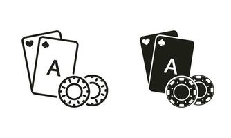 abspielen Karte mit Poker Chip, Kasino Roulette im Vegas Linie und Silhouette schwarz Symbol Satz. zocken Spiel Symbol Sammlung. Glücklich Glücksspiel, Blackjack, Brücke, Poker unterzeichnen. isoliert Vektor Illustration.