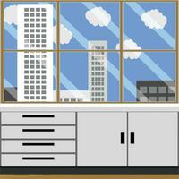 Büro oder Labor Zimmer mit Fenster Stadt Landschaft. leer Innere Arbeitsplatz, Kabinett klinisch mit Tabelle und Fenster. Vektor Illustration