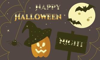 Happy Halloween Night Banner mit Mond, Fledermäusen, Spinnennetz und Kürbis vektor