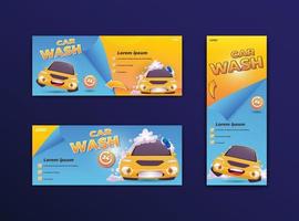 Autowaschbanner-Set mit Vollschaum-Auto-Cartoon-Illustration vektor