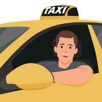 taxi förare yrke under arbete begrepp. ung leende stilig man taxi förare Sammanträde i gul bil och ser från fönster under jobb. vektor