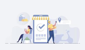 kvinna som beställer mat hemifrån via smartphone. vektor
