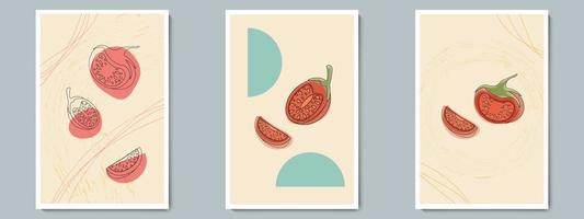 Tomaten stellen Poster ein. frisch geschnittenes und ganzes Gemüse mit Textur. vektor