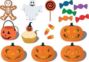 halloween pumpor, godis och objekt samling vektor illustration