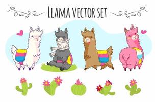 süßer Lama-Vektor-Set mit verschiedenen Kakteen vektor