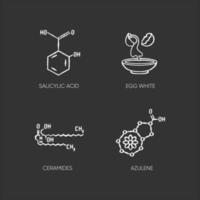 kosmetiska ingrediens krita vita ikoner på svart bakgrund vektor