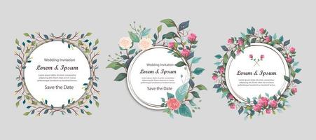 Set Hochzeitseinladungskarten kreisförmig mit Blumen und Blättern vektor