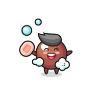 Der Schokoladenball-Charakter badet, während er Seife hält vektor