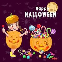 glada halloween -mönster med flicka och pumpa mångfärgade godis vektor