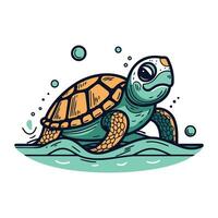 Meer Schildkröte Schwimmen im Wasser. Vektor Illustration im Gekritzel Stil.