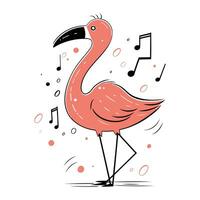 flamingo med musikalisk anteckningar. hand dragen vektor illustration i tecknad serie stil.