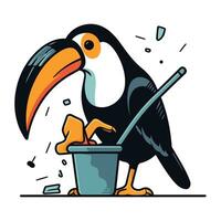 Tukan mit ein Eimer von Wasser. Karikatur Vektor Illustration.