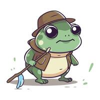 Karikatur Frosch im ein Hut mit ein Schaufel. Vektor Illustration.