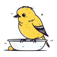 süß wenig Gelb Vogel Sitzung im ein Schüssel. Vektor Illustration.