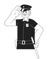caucasian skäggig polis officer manlig svart och vit 2d tecknad serie karaktär. europeisk sheriff polis isolerat vektor översikt person. vuxen man polis hälsning enfärgad platt fläck illustration