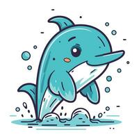 söt tecknad serie delfin Hoppar ut av de vatten. vektor illustration.