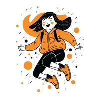 vektor illustration av en Lycklig flicka Hoppar i de luft med en ryggsäck.