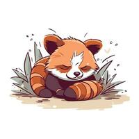 söt röd panda sovande på de jord. vektor illustration.