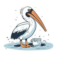 Pelikan mit ein Eimer von Wasser. Hand gezeichnet Vektor Illustration.