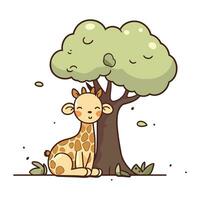 süß Karikatur Giraffe Sitzung unter ein Baum. Vektor Illustration.