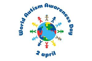 Welt Autismus Bewusstsein Tag Vektor Banner. Globus und Menschen um, wenig Männer, Silhouetten von Menschen