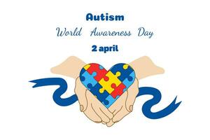 Welt Autismus Bewusstsein Tag Vektor Banner. Puzzle Herz im Hände, Band im eben Stil. Vorlage Karte