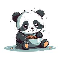 söt panda äter från en skål. vektor tecknad serie illustration.