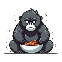 Gorilla mit Schüssel voll von Beeren. Vektor Illustration im Karikatur Stil.