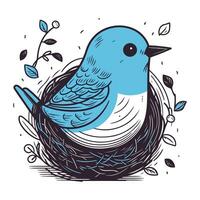 Hand gezeichnet Vektor Illustration von ein süß Blau Vogel im das Nest.