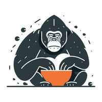 Gorilla sitzt und isst von ein Schüssel. Vektor Illustration.