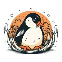 süß Pinguin im das Nest. Hand gezeichnet Vektor Illustration.