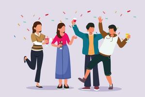 Lycklig människor klirr glasögon och dricka på fest fest. vänner begrepp. färgad platt vektor illustration isolerat.