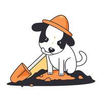 süß Karikatur Hund im ein Hut mit ein Schaufel. Vektor Illustration.
