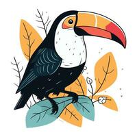 toucan fågel Sammanträde på en gren med löv. vektor illustration