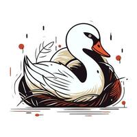 Schwan auf das Nest. Vektor Illustration. Hand gezeichnet skizzieren.