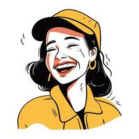 vektor illustration av en Lycklig kvinna i en keps och gul jacka.