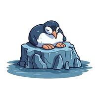 süß Pinguin Sitzung auf ein Felsen im das Wasser. Vektor Illustration.
